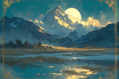 边框素材月亮金色边框中的山脉景色插画
