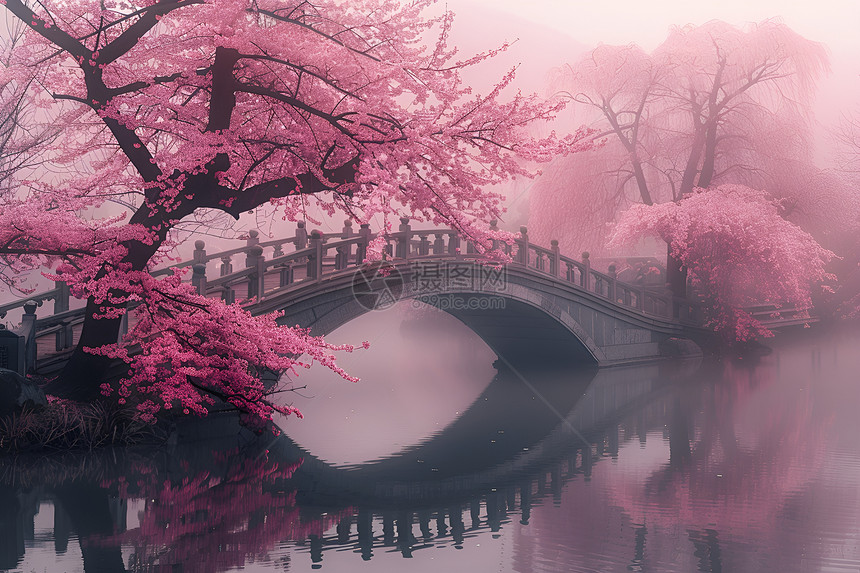 粉色树下的樱花桥图片