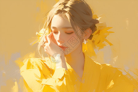黄裙女孩儿优雅的黄衣女子插画
