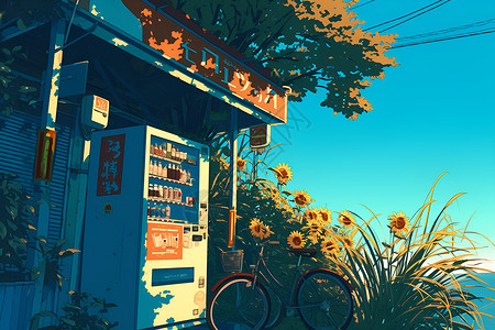 花朵边的售货机插画
