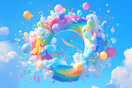蓝天七彩素材七彩气球里的字母插画