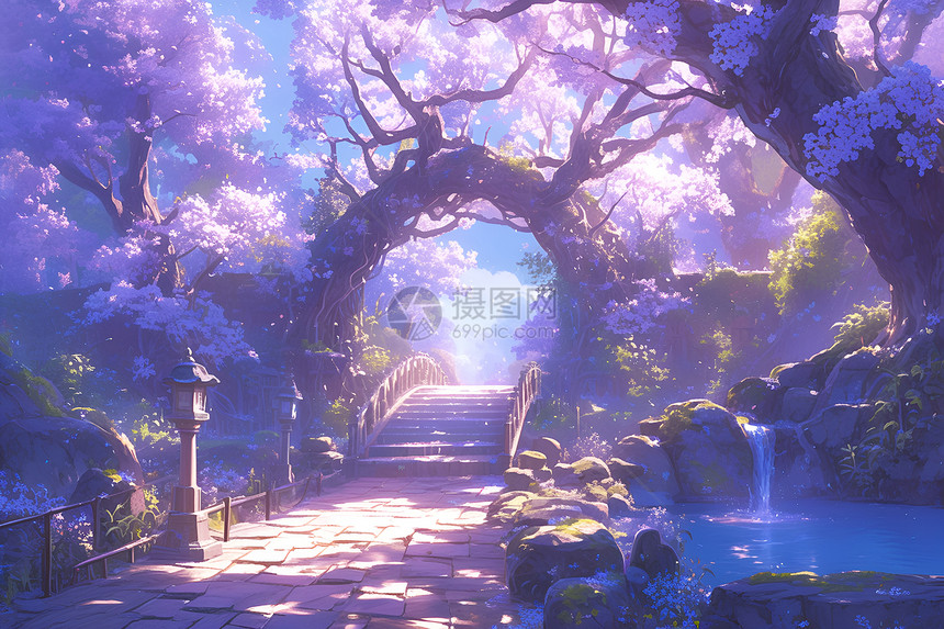 粉紫樱花园的梦幻桥景图片