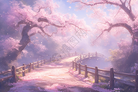 桃花繁盛的长桥高清图片