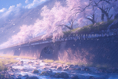樱花树木樱花桥上的梦幻之旅插画