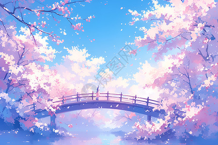 桃花桥上的浪漫花海背景图片