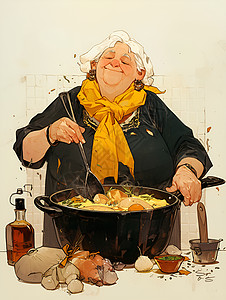 老太做饭的奶奶插画