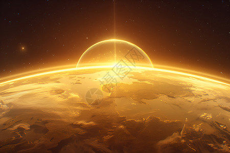 太阳与地球地球表面的金色光芒插画