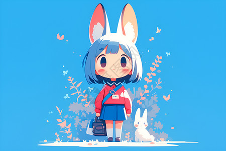 兔子耳朵女孩拎着书包的兔耳朵女孩插画