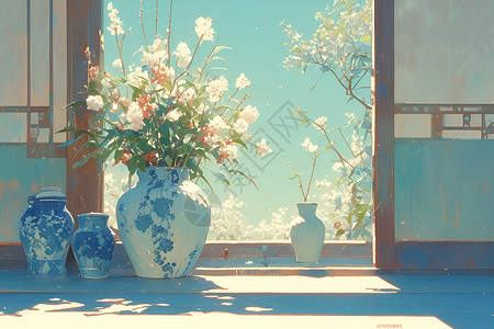 窗台植物阳光下的青花瓷插画