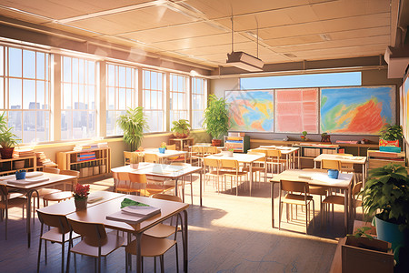 学生桌椅阳光下的教室背景