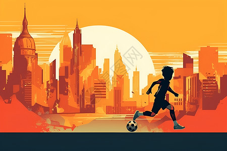 踢足球小孩夕阳城市里踢足球的男孩插画