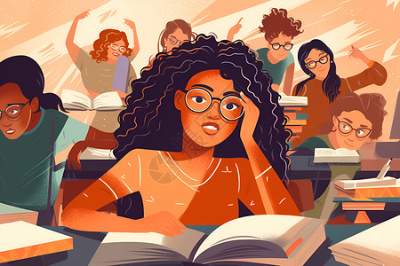 女学生教室看书教室里看书的女学生插画