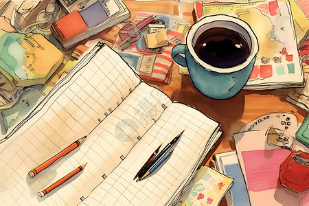 桌子上的咖啡杯桌子上的笔记本和咖啡杯插画