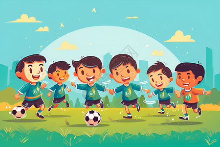 少年足球队在草地上训练插画