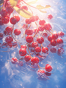 水里漂浮的樱桃背景图片