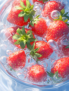 跪在冰块上草莓在水里漂浮插画