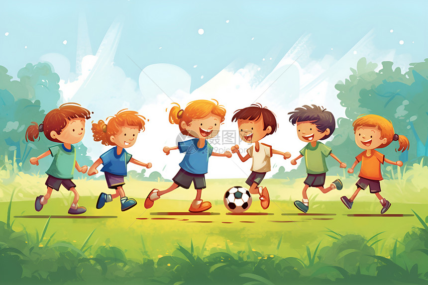 草地上踢足球的孩子图片