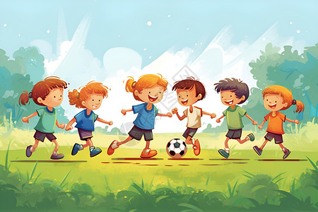 运动草地草地上踢足球的孩子插画
