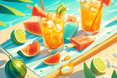 海边野餐垫上的西瓜冷饮插画