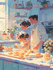 甜点厨房一家人在厨房里烤面包插画