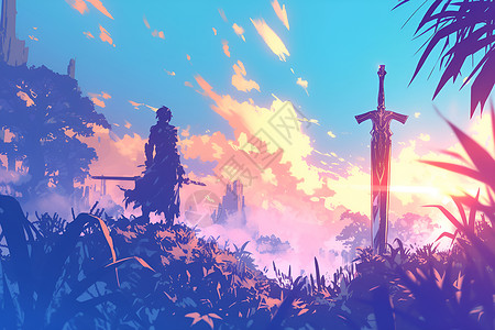 浪漫海岛夕阳下的巨剑插画