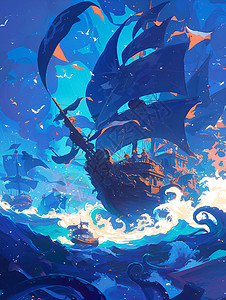 风暴中的海盗船背景图片