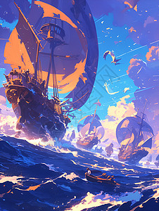 奇幻海洋中的海盗船背景图片