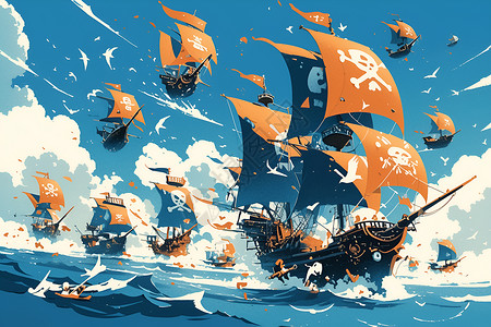 南海海域驶过惊险海域的海盗船插画
