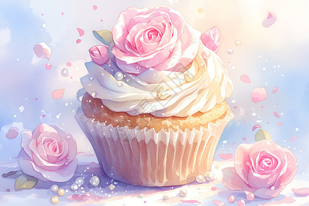 玫瑰甜点美味的鲜花蛋糕插画
