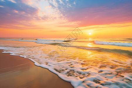 海滩日落日出海滩上的浪花背景