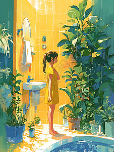 女子浴室刷牙浴室中的女子插画