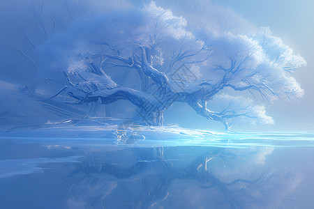 冰白冰湖上的白树插画
