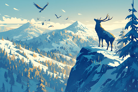 山顶的鹿与鸟背景图片