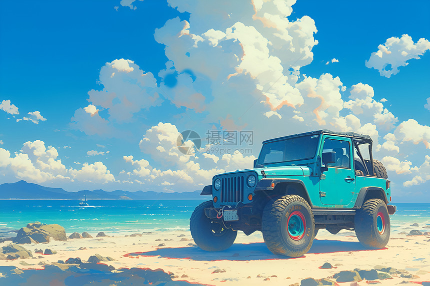 阳光沙滩上的吉普车图片
