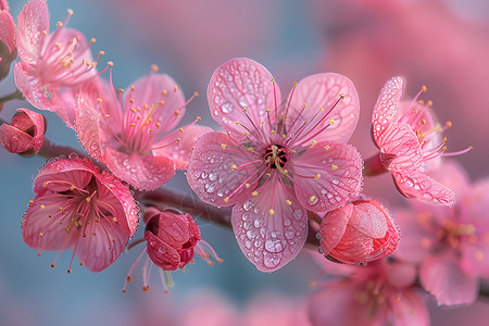 七朵盛开樱花粉色花朵上的水滴插画