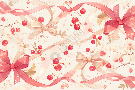 粉色丝带和平鸽樱桃和蝴蝶结插画