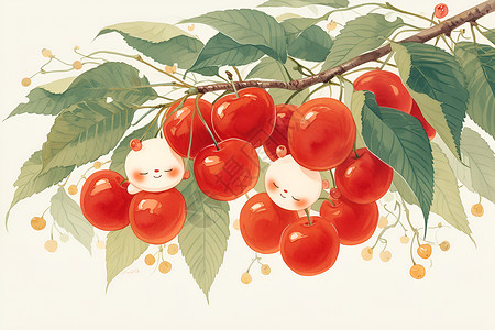香甜可口车厘子树枝上的樱桃插画