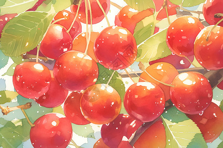 香甜可口车厘子树上的樱桃插画
