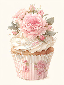鲜花甜品奶油鲜花纸杯蛋糕插画