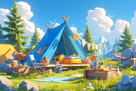 营地夏日露营乐草地上的帐篷与野餐桌插画
