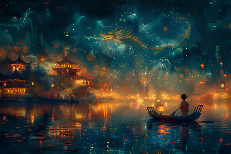 夜晚河中的船背景图片