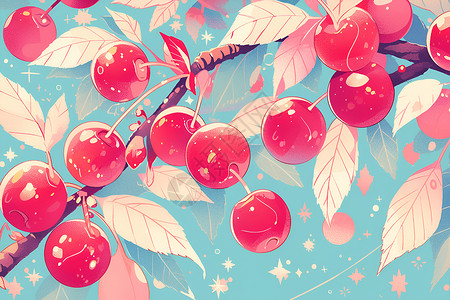 水果阳光树枝上的樱桃插画
