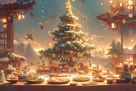 圣诞树下的食物背景图片