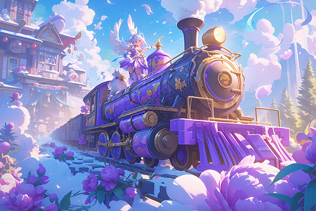 穿过早期的紫色火车穿过繁花插画
