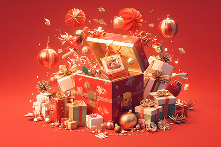 红盒子新年礼盒插画