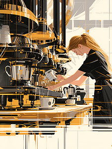 咖啡店中一个咖啡师在制作咖啡插画