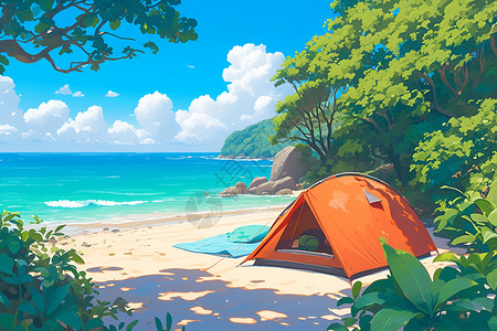 海边植物海边的露营营帐插画