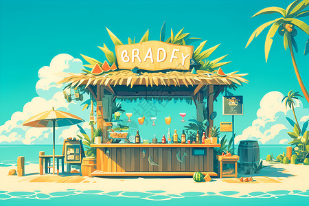 沙滩小屋度假天堂中的多彩鸡尾酒插画