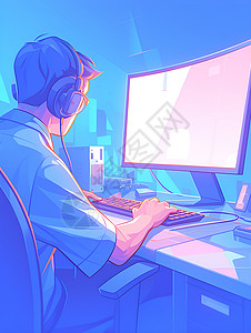 电脑男人专注于电脑屏幕的男人插画