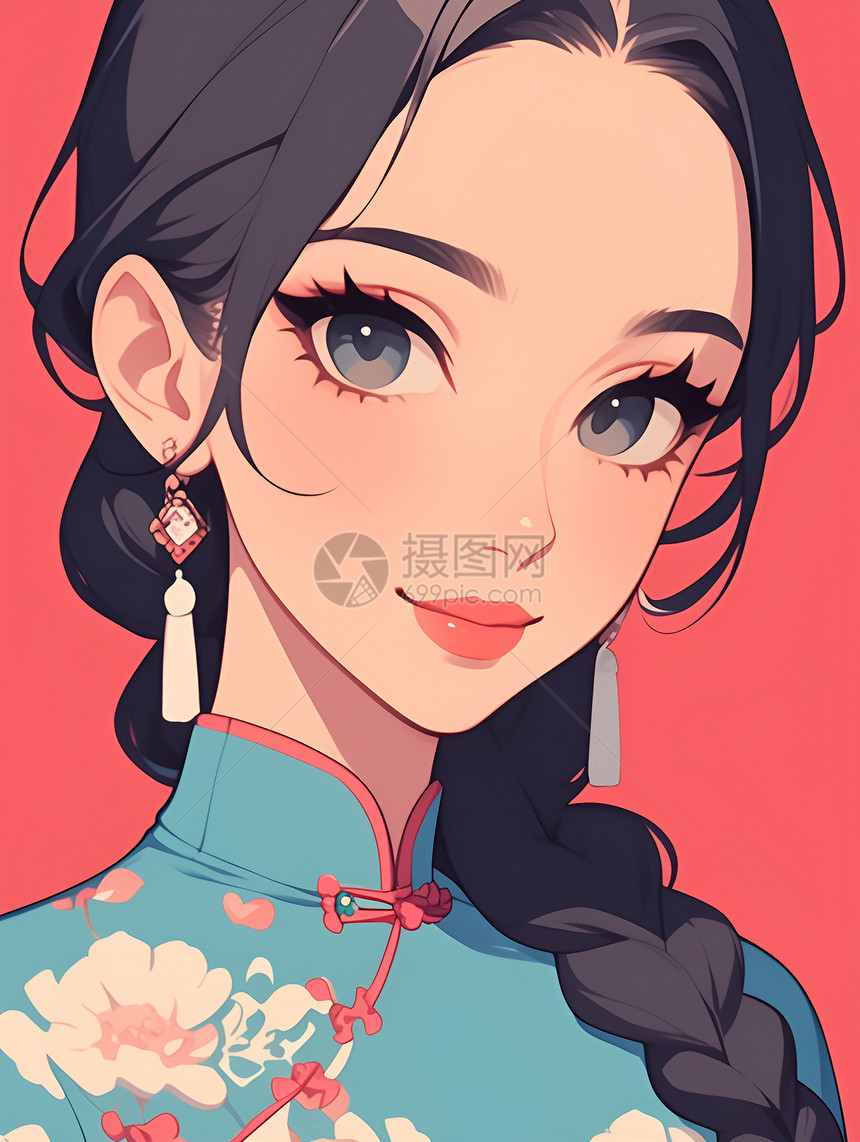 双辫子少女插画图片